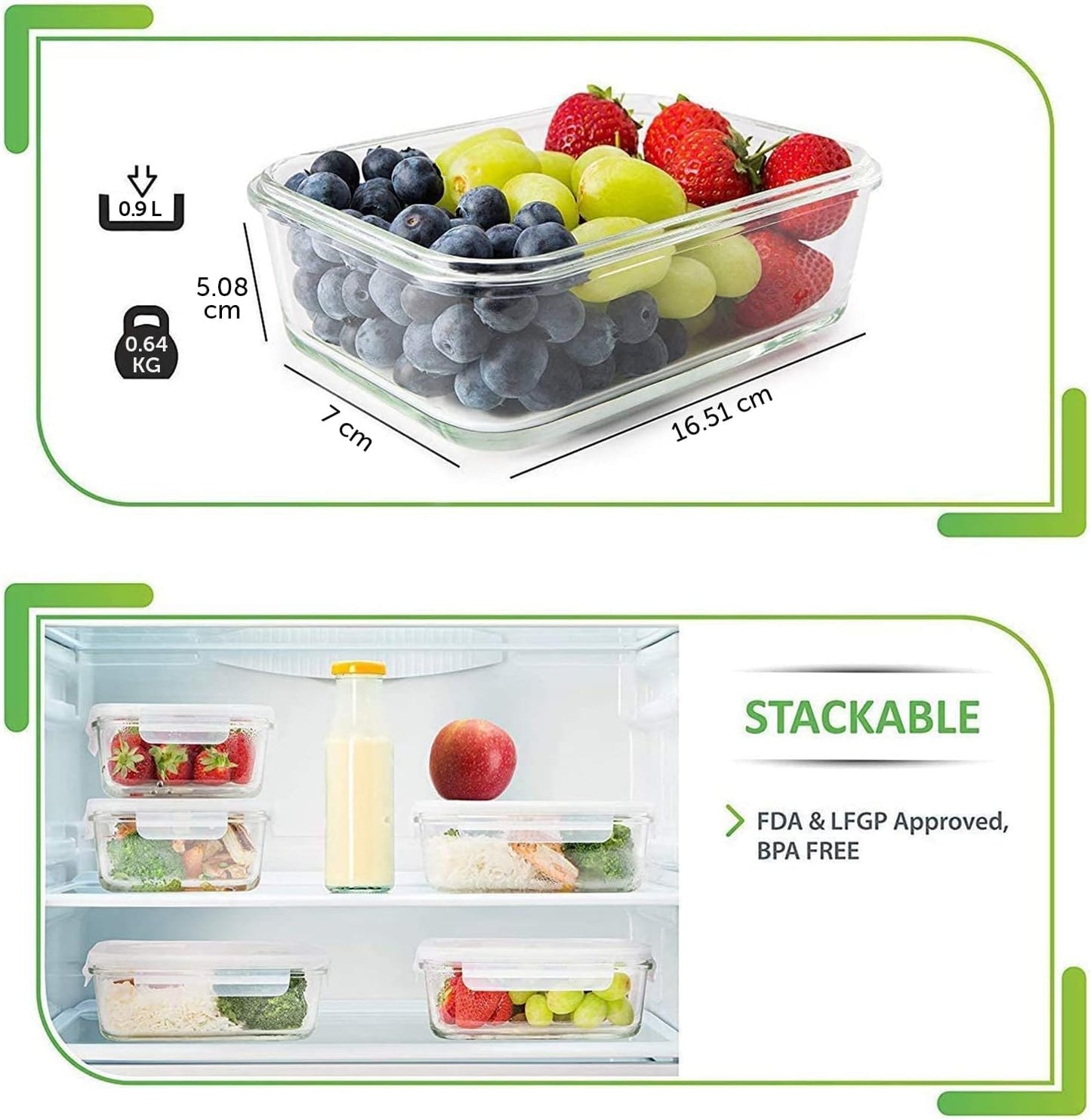 [5-Pack] Food Prep & Storage Glass Containers with Lids - Airtight Glass Meal Prep Containers Reusable (880 Millilitres - 1 Compartment)